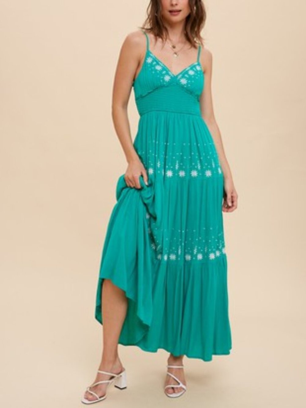 Smocked Waist Embroidered Sea Green Maxi Tiered Dress